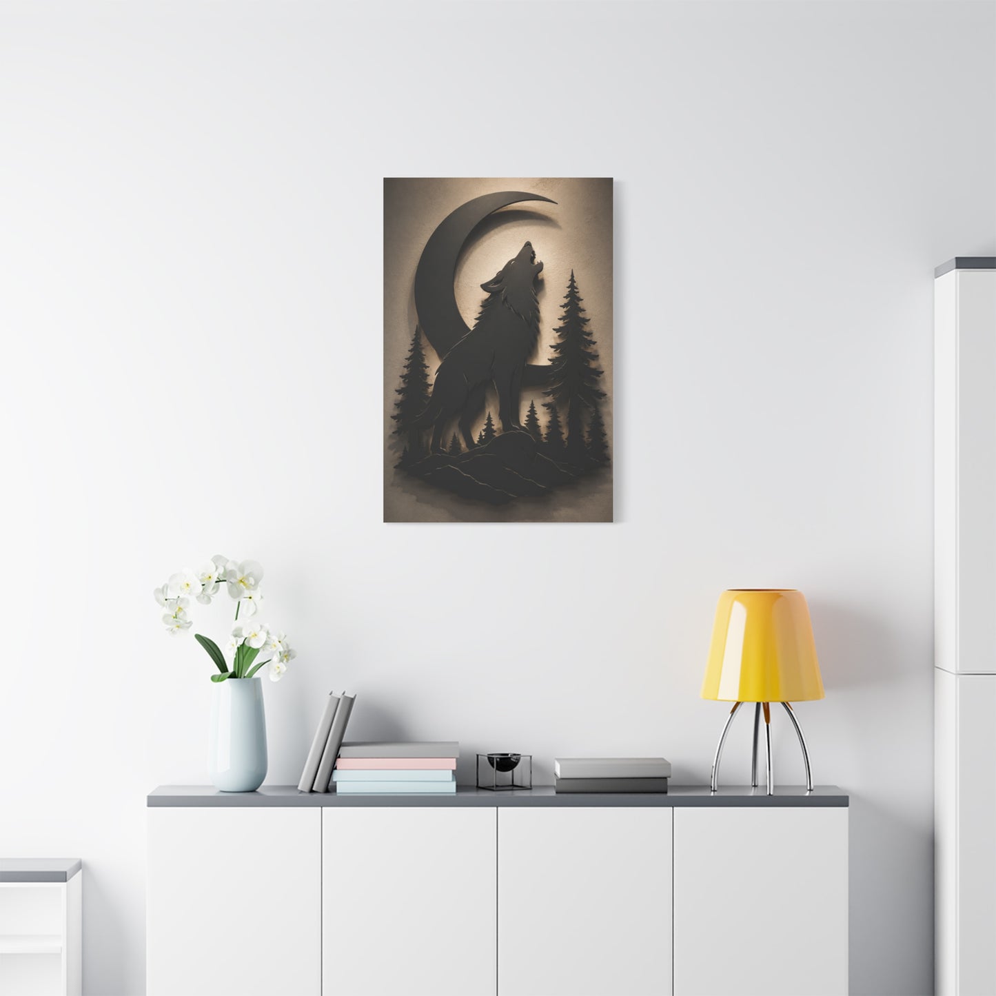 Matte Black Howling Wolf Moon Silhouette Wall Art & Canvas Print