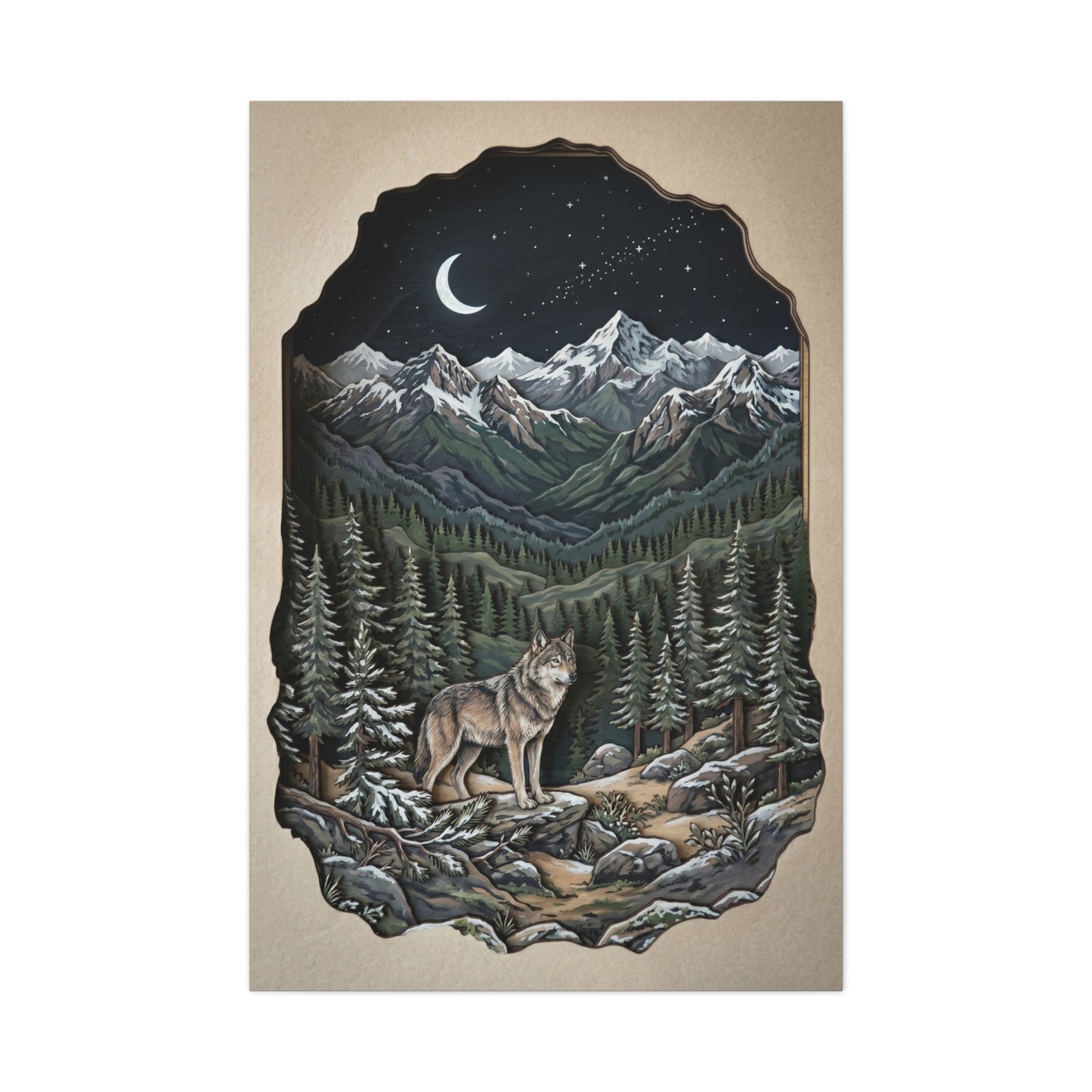 Night Forest Wolf Framed Relief Landscape Wall Art & Canvas Print