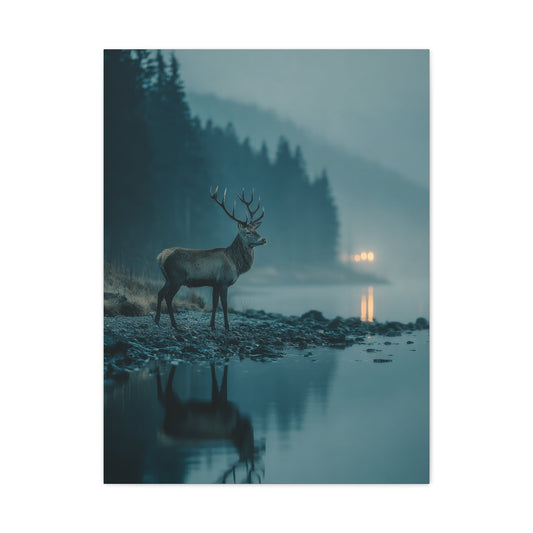 Blue Hour Lakeside Stag Reflection Wall Art & Canvas Print