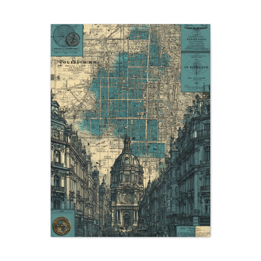 Vintage City Map Architectural Collage Wall Art & Canvas Print