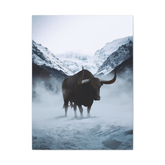 Lone Bull in Snowy Mountain Valley Wall Art & Canvas Print