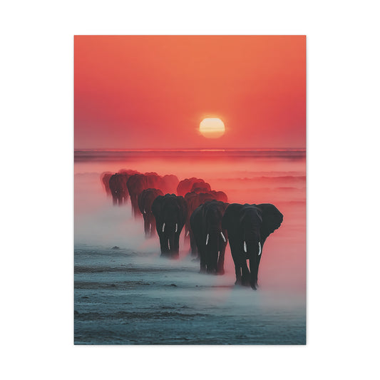 Elephant Herd Sunset Journey Wall Art & Canvas Print