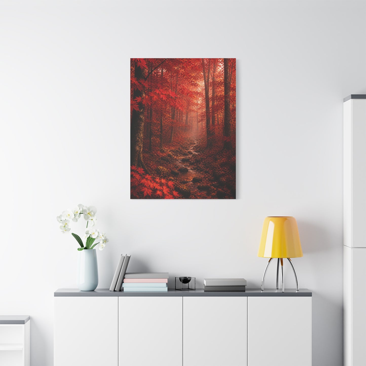 Crimson Autumn Forest Stream Wall Art & Canvas Print