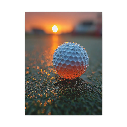 Dew-Covered Golf Ball Sunrise Macro Wall Art & Canvas Print