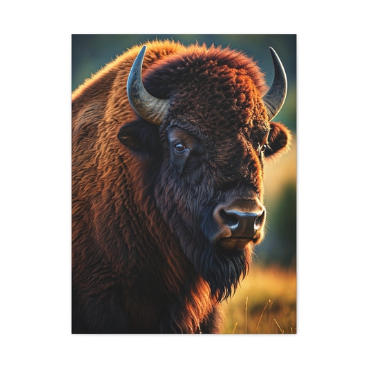 Golden Hour Bison Side Portrait with Warm Prairie Light Wall Art & Canvas Print