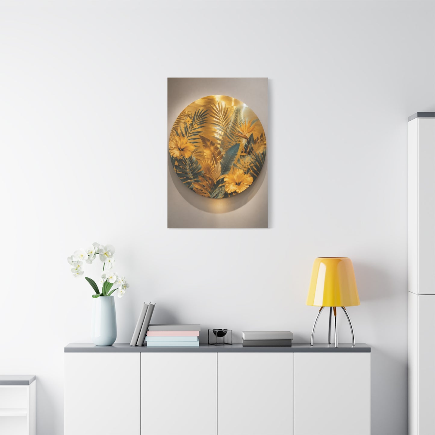 Golden Tropical Botanical Disc Composition Wall Art & Canvas Print