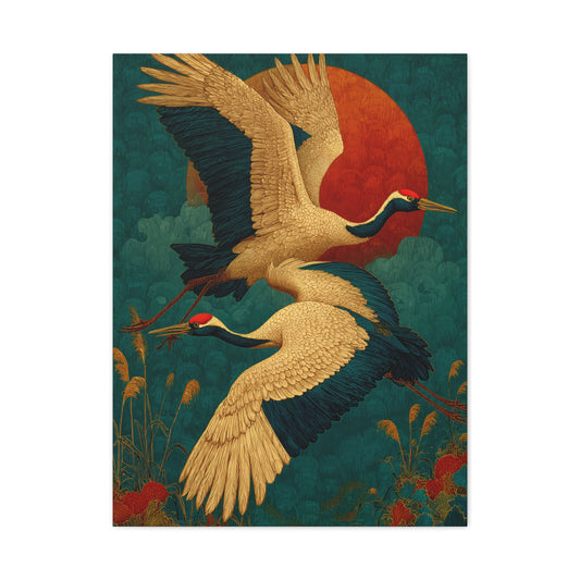 Golden Crane Celestial Flight Wall Art & Canvas Print
