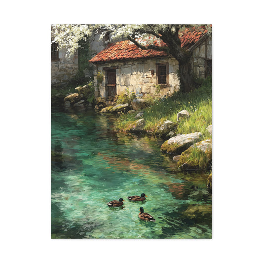 Spring Farmhouse Stream Scene Wall Art & Canvas Print