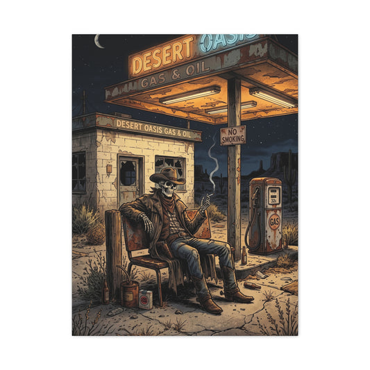 Desert Oasis Skeleton Cowboy Scene Wall Art & Canvas Print