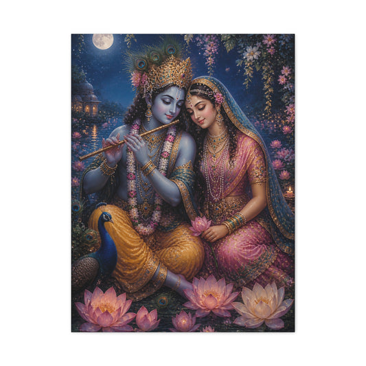 Radha and Krishna Moonlit Lotus Garden Wall Art & Canvas Print