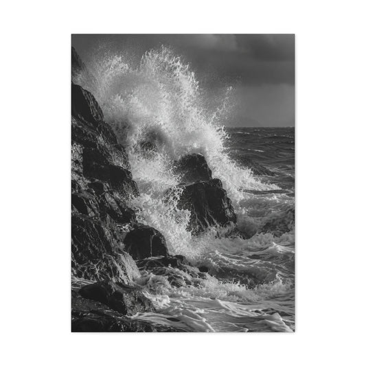 Monochrome Ocean Impact Rock Scene Wall Art & Canvas Print