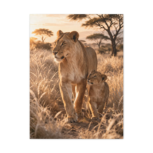 Lioness and Cub Golden Walk Wall Art & Canvas Print