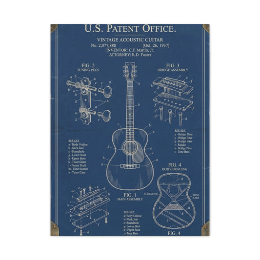 Vintage Acoustic Guitar Patent Blueprint Wall Art & Canvas Print