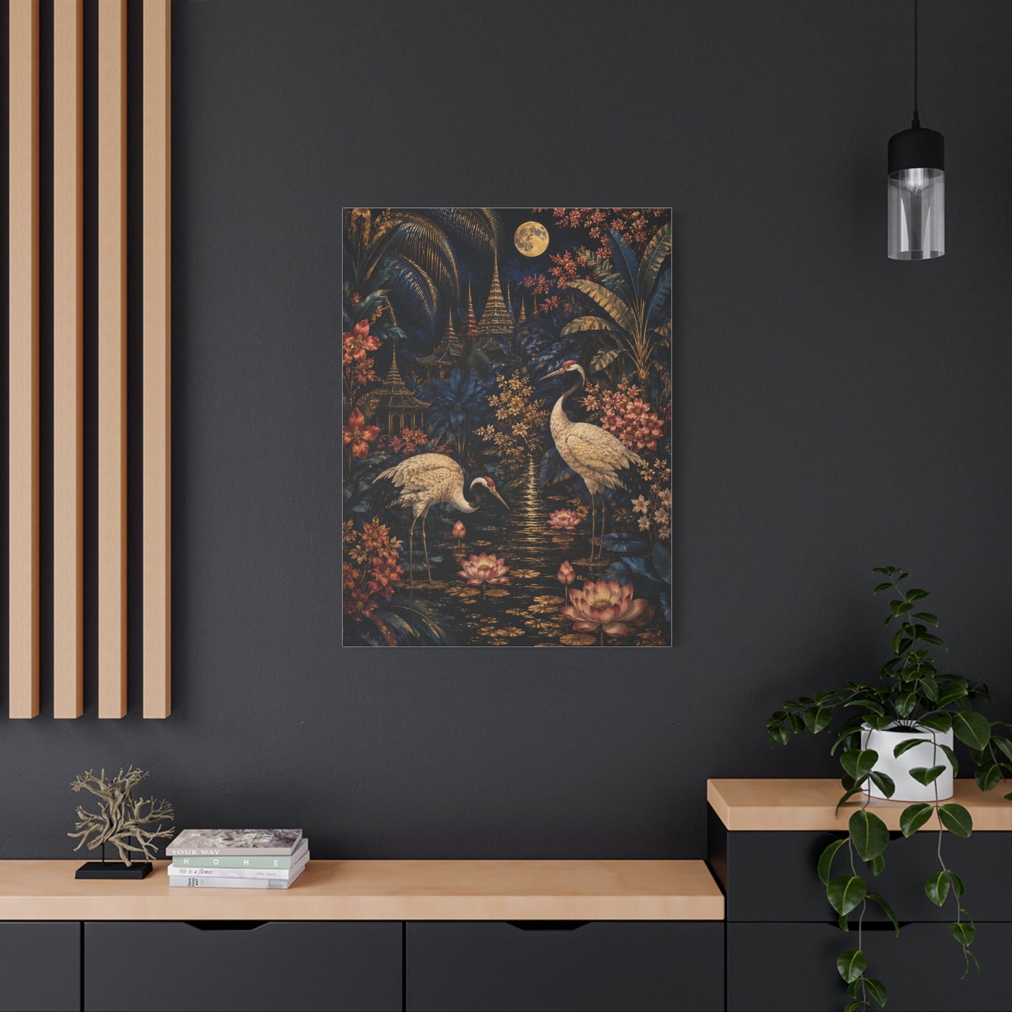 Moonlit Tropical Chinoiserie Crane Garden Tropical Wall Art & Canvas Print