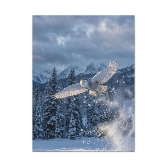 Snowy Owl Mountain Flight Wall Art & Canvas Print
