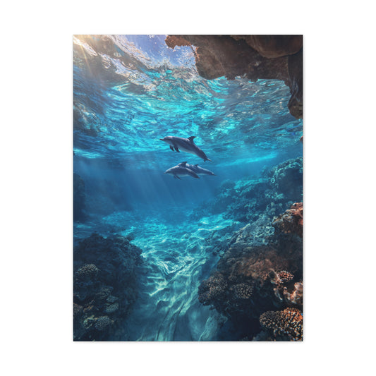 Dolphins Swimming Beneath Sunlit Ocean Waters Wall Art & Canvas Print