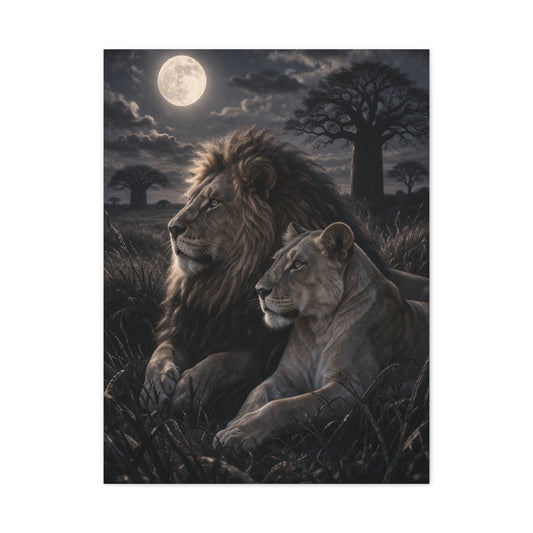 Lion and Lioness Under Moonlight Unity Wall Art & Canvas Print