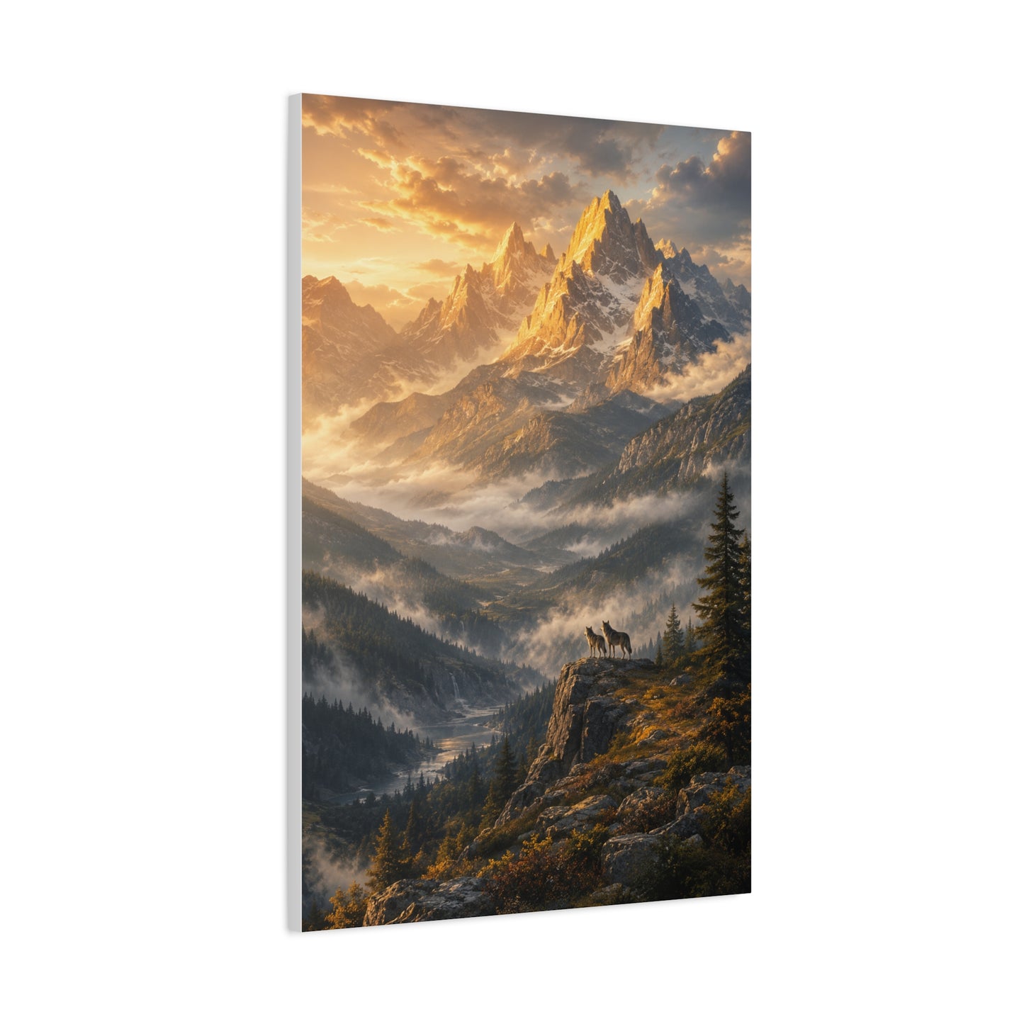 Golden Mountain Valley Wolf Pair Landscape Wall Art & Canvas Print