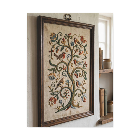 Framed Folk Tree Embroidery Study Wall Art & Canvas Print