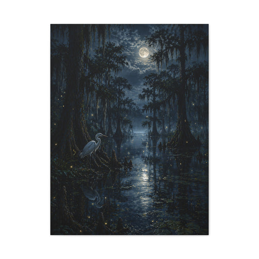 Moonlit Bayou Heron Scene Wall Art & Canvas Print