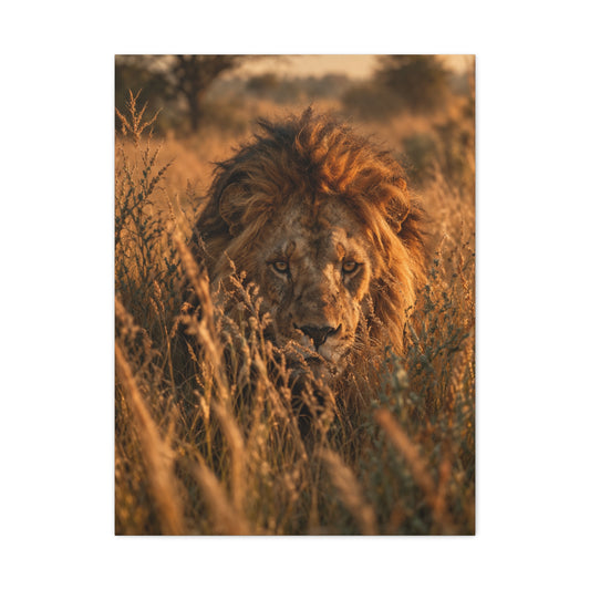 Lion Stalking Through Savannah Grass Wall Art & Canvas Print