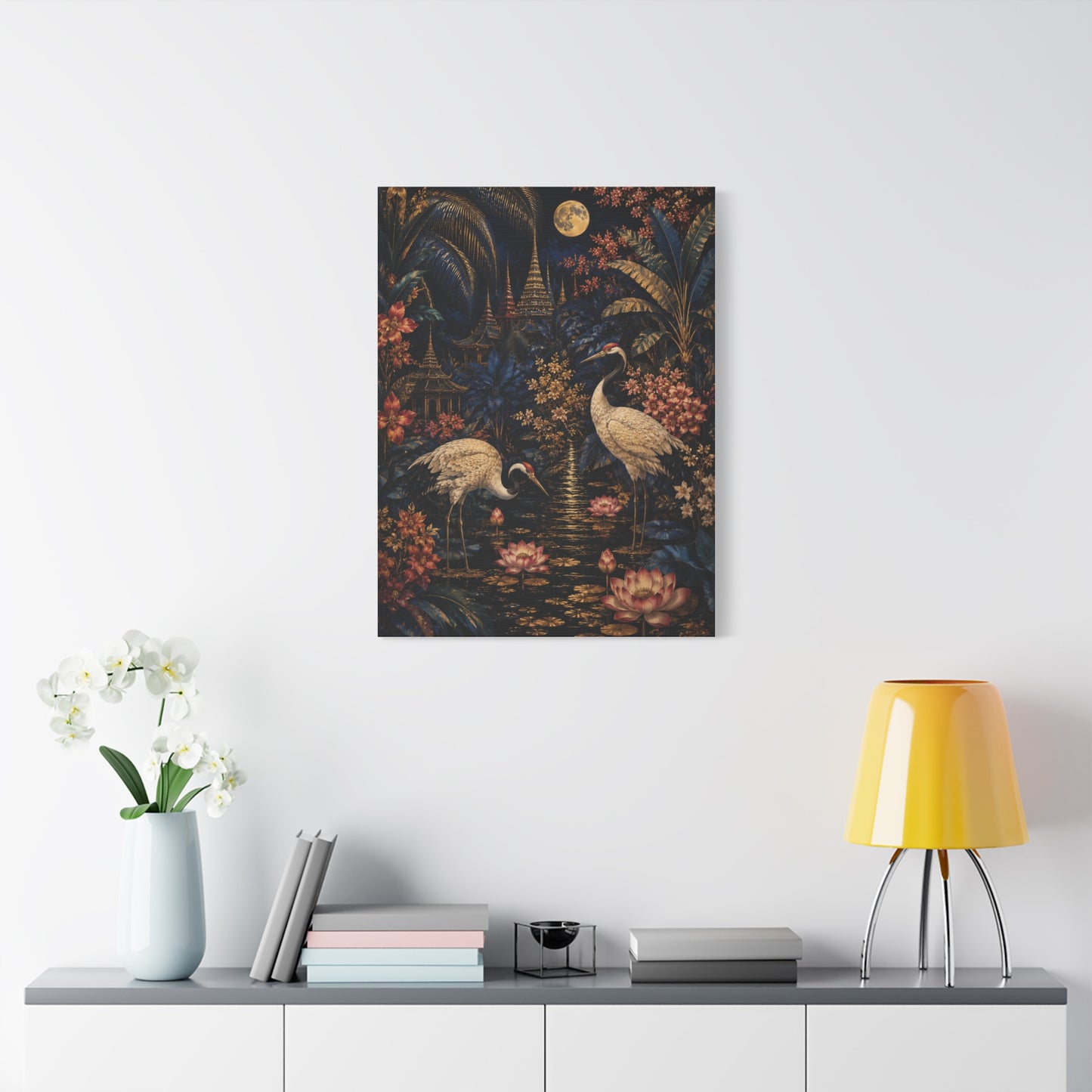Moonlit Tropical Chinoiserie Crane Garden Tropical Wall Art & Canvas Print