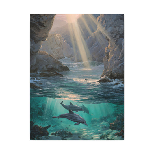 Dolphins Swimming Beneath Sunlit Coastal Waters Wall Art & Canvas Print