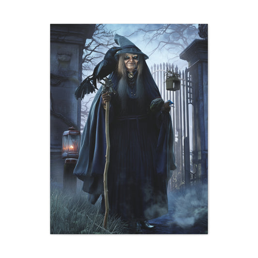 Witch with Raven at the Moonlit Cemetery Gate Wall Art & Canvas Print