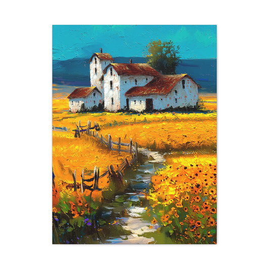 Sunflower Farmhouse Field Landscape Wall Art & Canvas Print