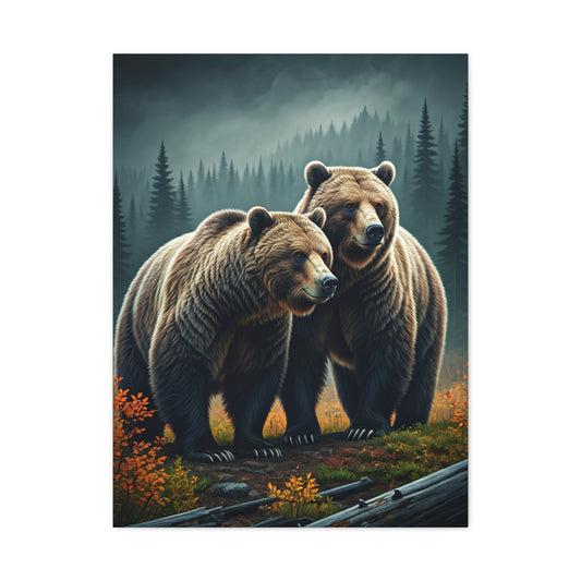 Twin Brown Bears in Misty Forest Wall Art & Canvas Prints