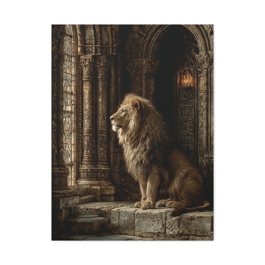 Lion in Ancient Stone Hall Royal Guardian Wall Art & Canvas Print