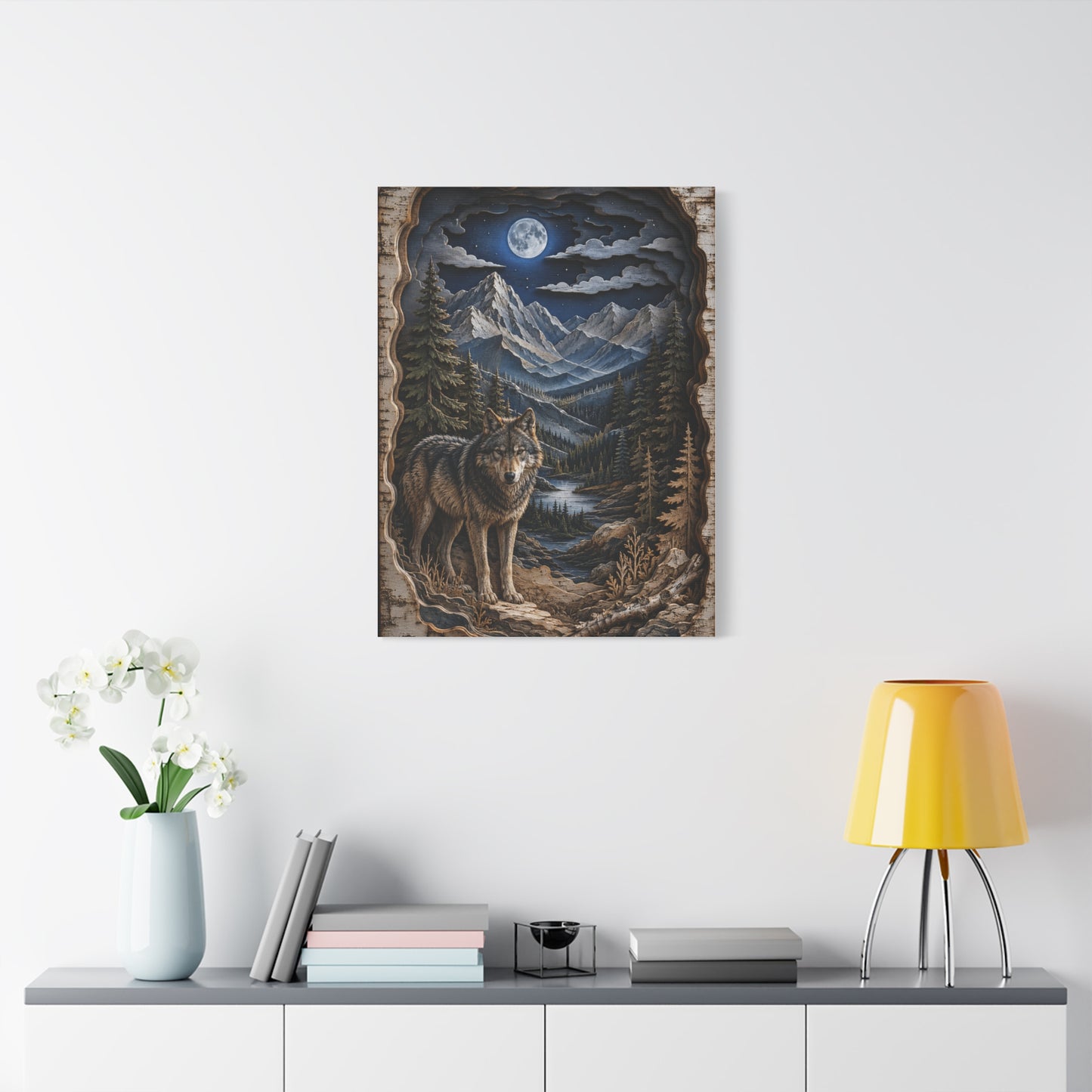 Rustic Mountain Wolf Shadowbox Landscape Wall Art & Canvas Print