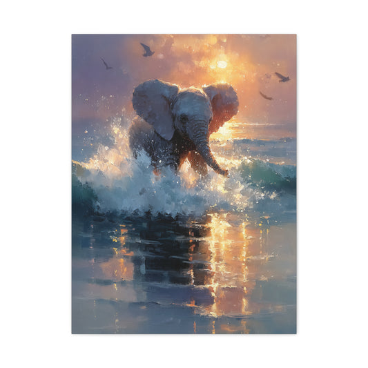 Baby Elephant Ocean Splash Wall Art & Canvas Print