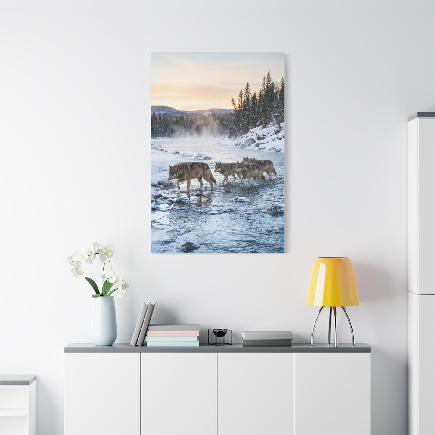 Winter River Wolf Pack Crossing Scene Wall Art & Canvas Print