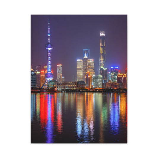 Shanghai Skyline Night Reflections Wall Art & Canvas Print