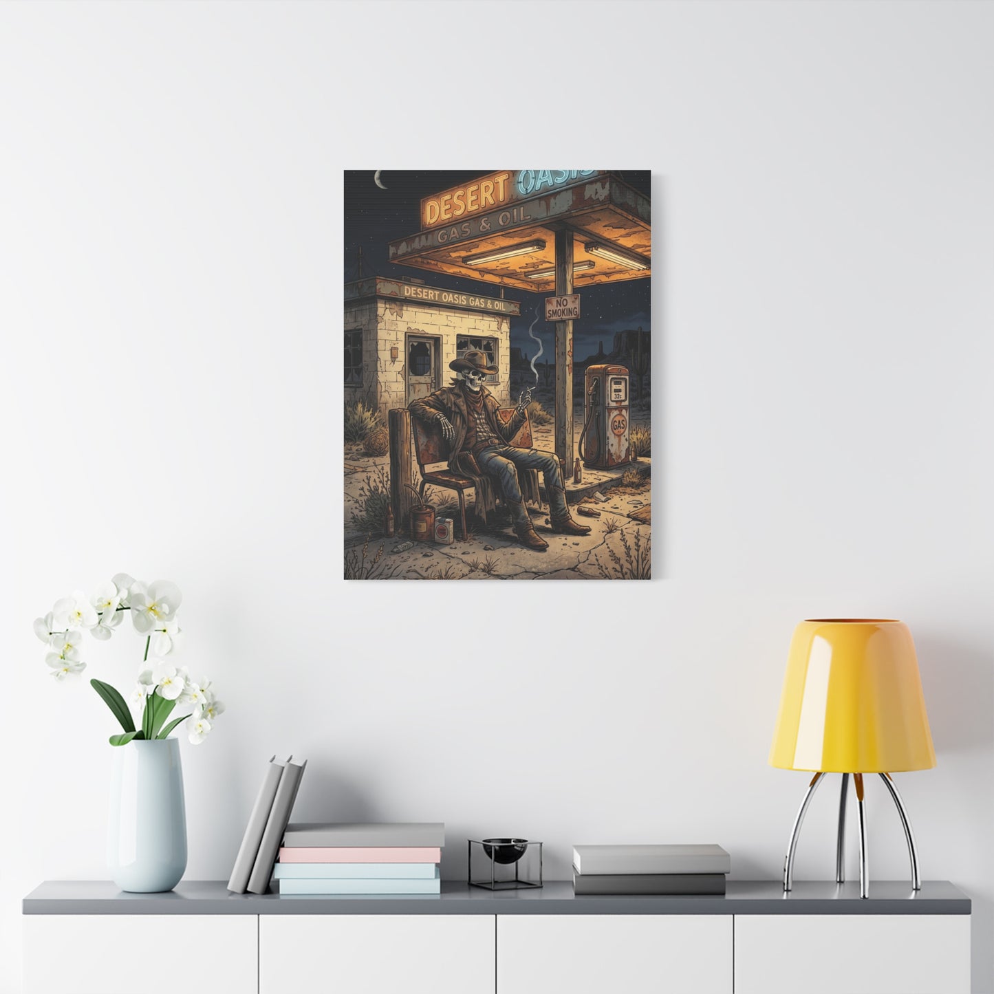 Desert Oasis Skeleton Cowboy Scene Wall Art & Canvas Print
