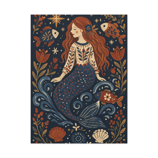 Scandinavian Folk Mermaid Charm Wall Art & Canvas Print