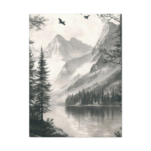 Lake Through Forest Grey Wall Art & Canvas Prints