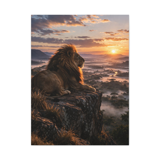 Lion at Sunrise Over Savannah Valley Wall Art & Canvas Print