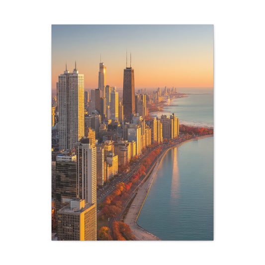 Chicago Skyline Autumn Sunset Along Lake Michigan Wall Art & Canvas Print