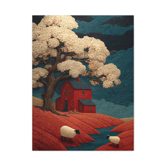 Primitive Farmhouse Sheep Folk Scene Wall Art & Canvas Print