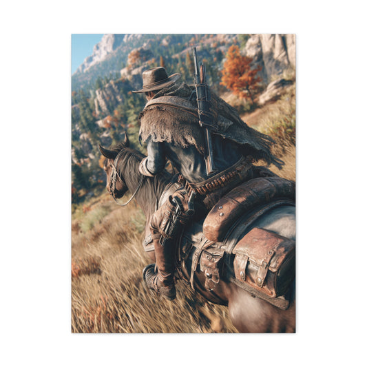 Cowboy Riding Through Mountain Canyon Wall Art & Canvas Print