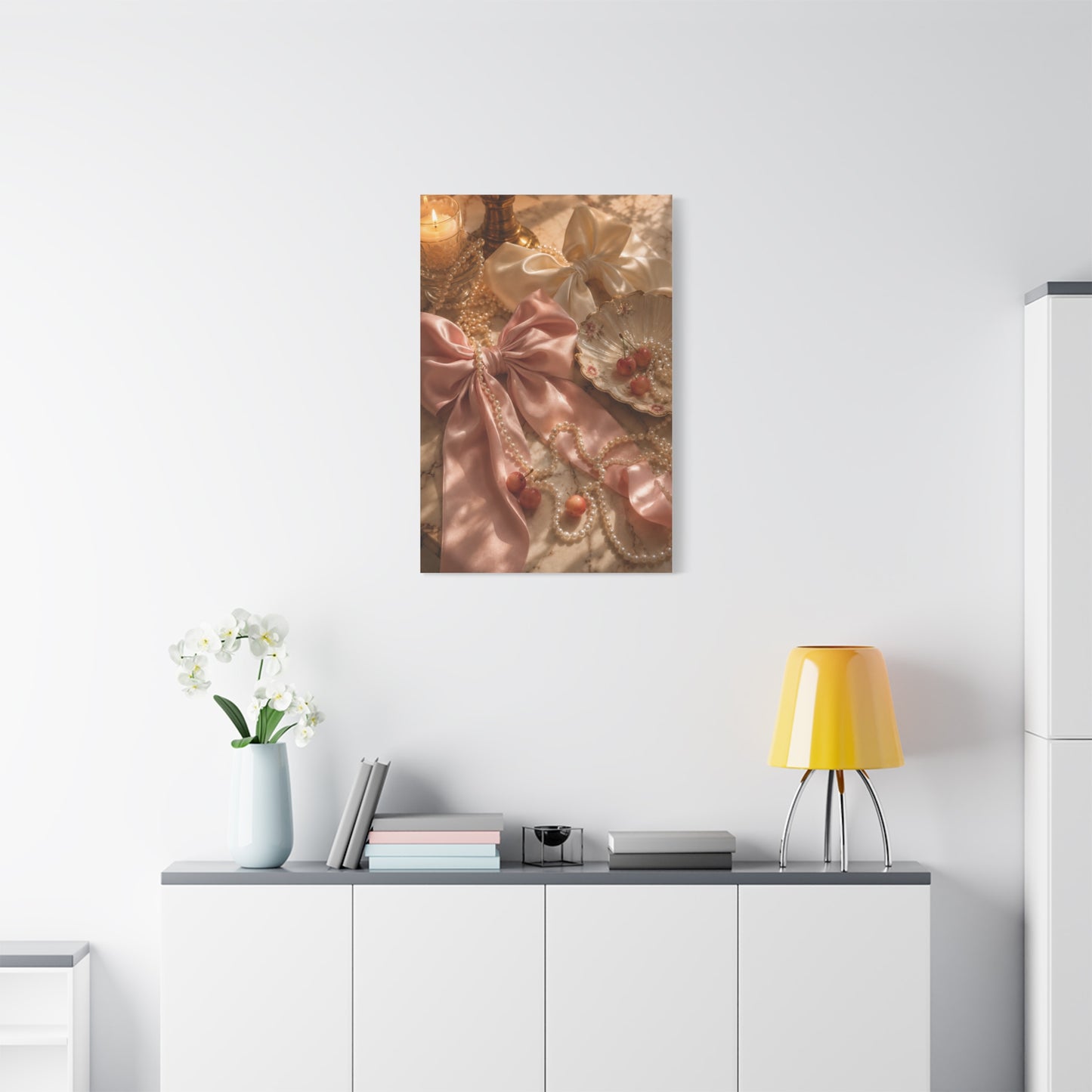 Coquette Silk Bow & Pearl Still Life Wall Art & Canvas Print