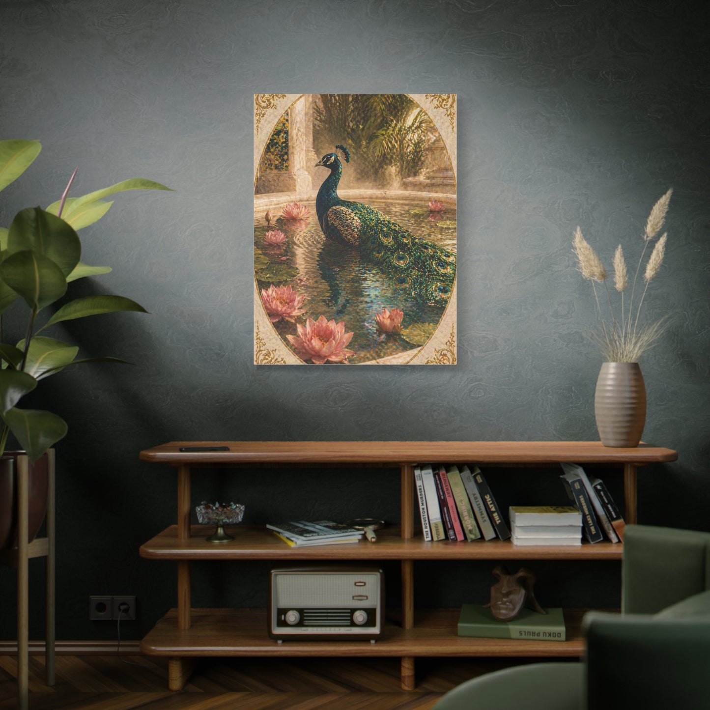 Lotus Pool Peacock Reflection Wall Art & Canvas Print