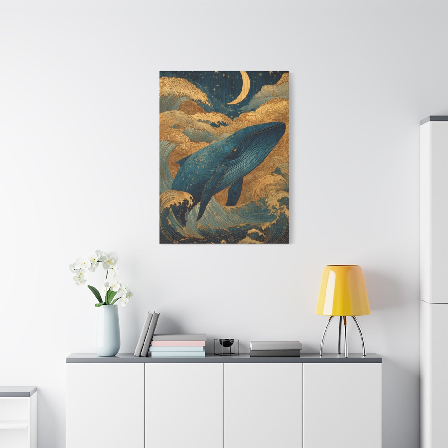 Folk Whale Moonlit Ocean Wall Art & Canvas Print