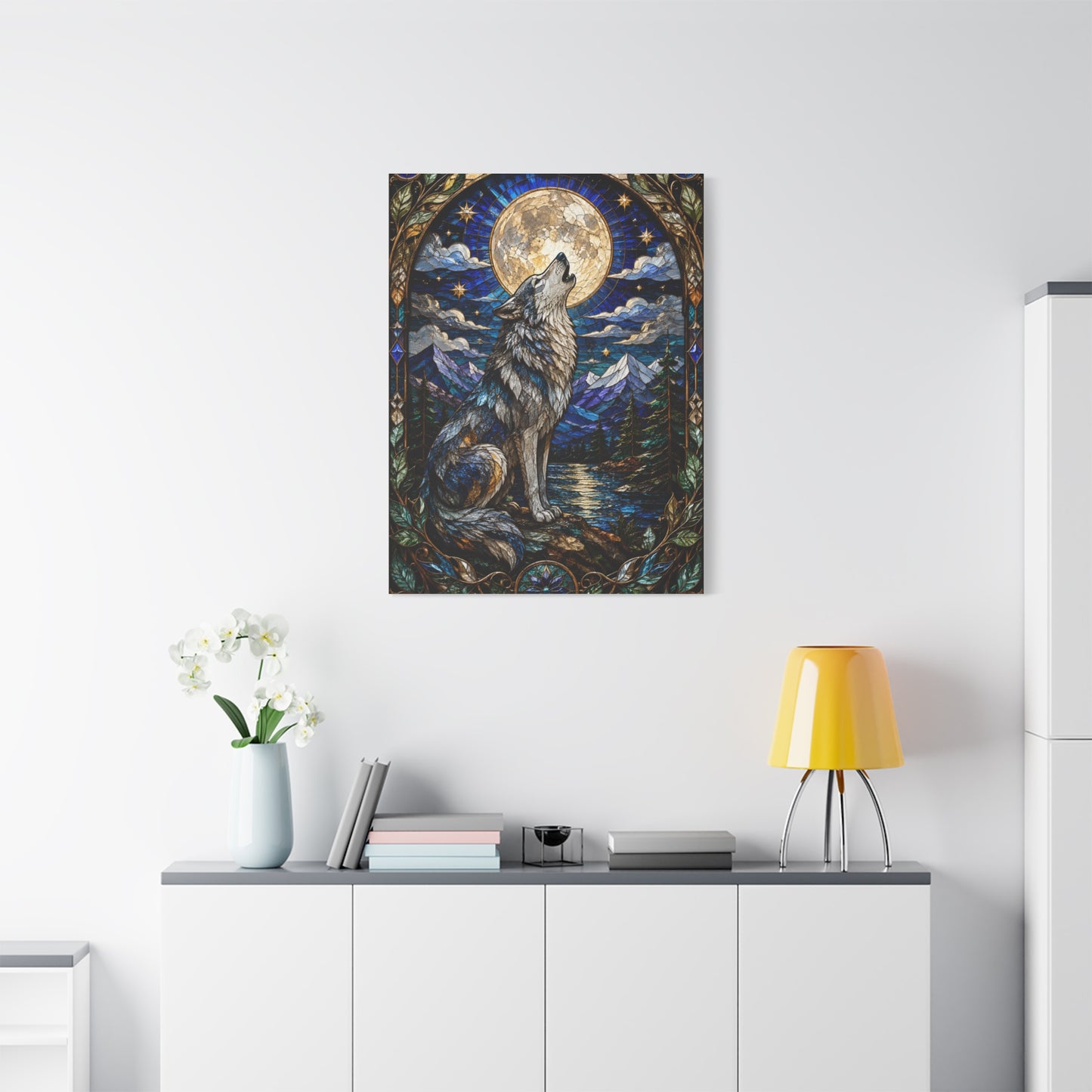 Stained Glass Moonlit Wolf Landscape Wall Art & Canvas Print