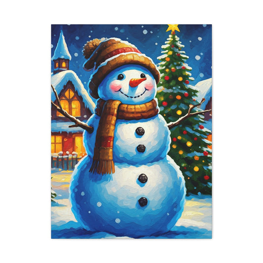 Artistic Snowman in Winter Village Scene Wall Art & Canvas Print