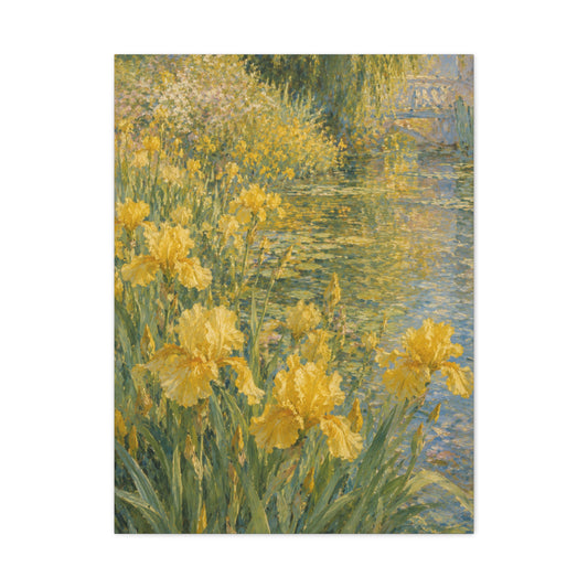 Impressionist Yellow Iris Garden Waterside Scene Wall Art & Canvas Print