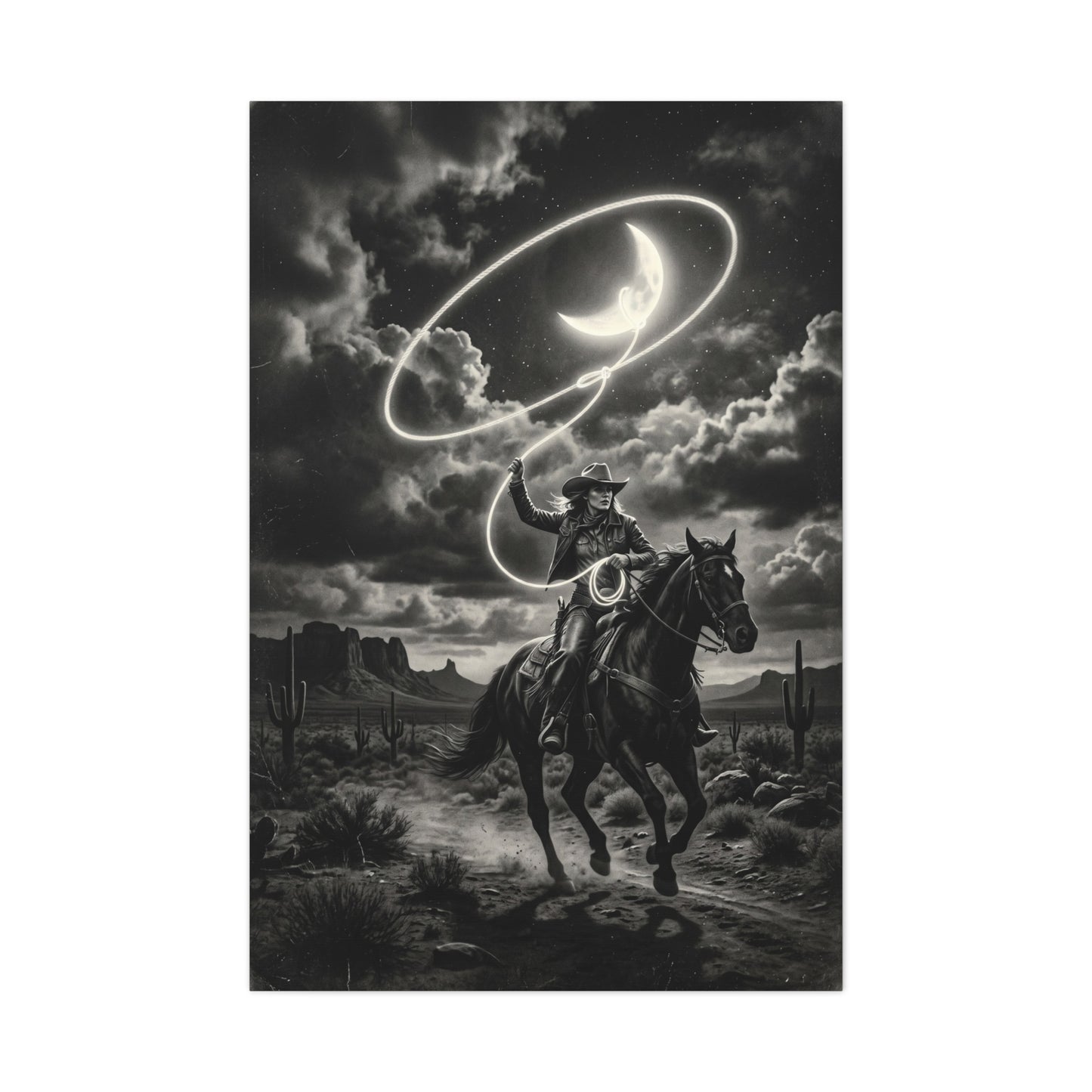 Moon Lasso Cowgirl Night Scene Wall Art & Canvas Print