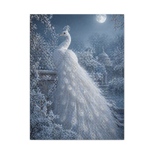 Snowy Moonlit White Peacock Wall Art & Canvas Print